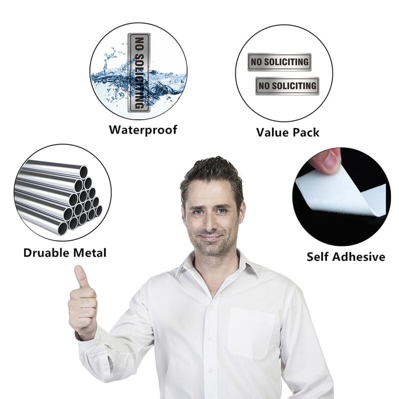 MongFun Self-Adhesive No Soliciting Sign Metal for House Business Office Doors, 2 Pack Silver Color Aluminun 7 x 2 inches, Unique Small Design Durable UV and Weather Resistant, Easy Installation - Image 4